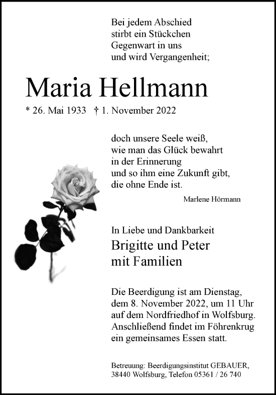 Traueranzeige von Maria Hellmann von Wolfsburger Nachrichten