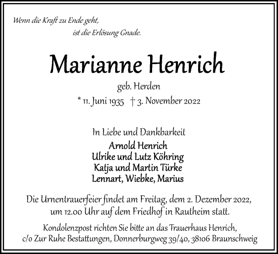 Traueranzeige von Marianne Henrich von Braunschweiger Zeitung