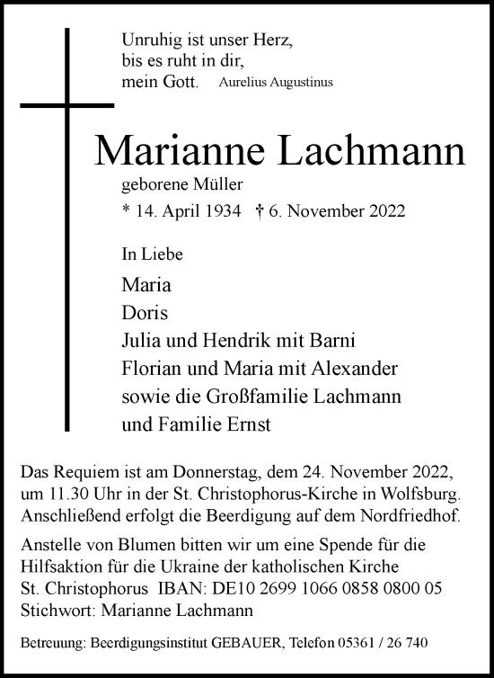 Traueranzeige von Marianne Lachmann von Wolfsburger Nachrichten