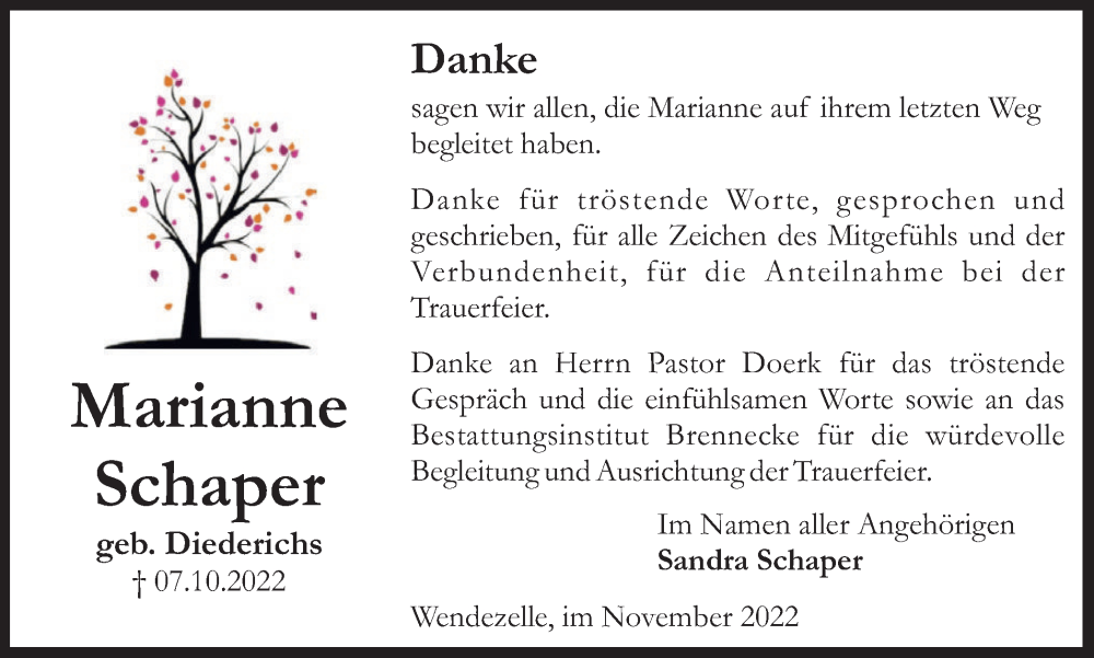  Traueranzeige für Marianne Schaper vom 19.11.2022 aus Peiner Nachrichten