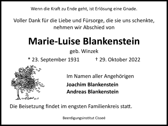 Traueranzeige von Marie-Luise Blankenstein von Braunschweiger Zeitung