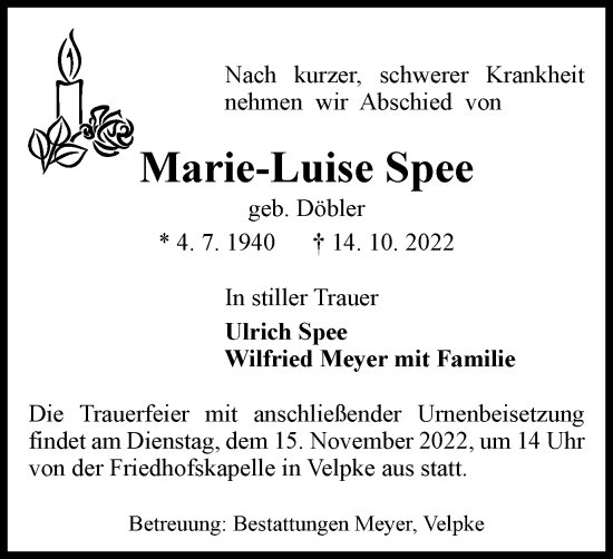 Traueranzeige von Marie-Luise Spee von Helmstedter Nachrichten