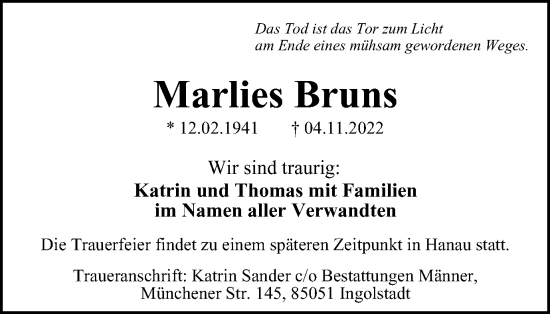 Traueranzeige von Marlies Bruns von Wolfenbütteler Zeitung