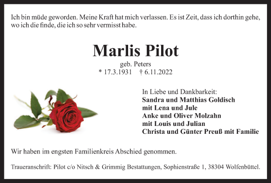 Traueranzeige von Marlis Pilot von Wolfenbütteler Zeitung