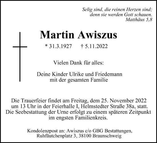 Traueranzeige von Martin Awiszus von Braunschweiger Zeitung