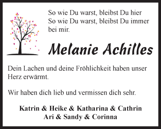 Traueranzeige von Melanie Achilles von Braunschweiger Zeitung