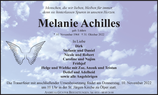 Traueranzeige von Melanie Achilles von Braunschweiger Zeitung