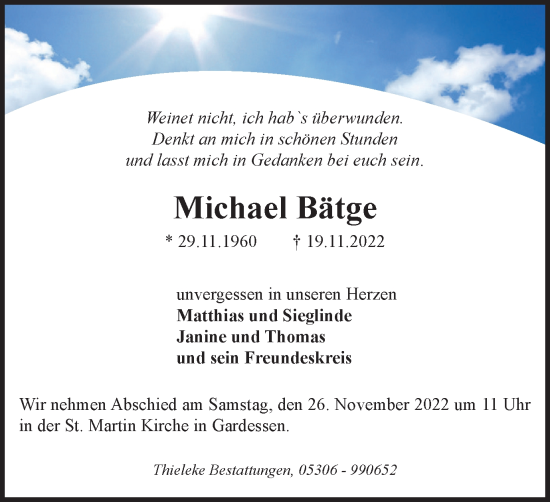 Traueranzeige von Michael Bätge von Wolfenbütteler Zeitung
