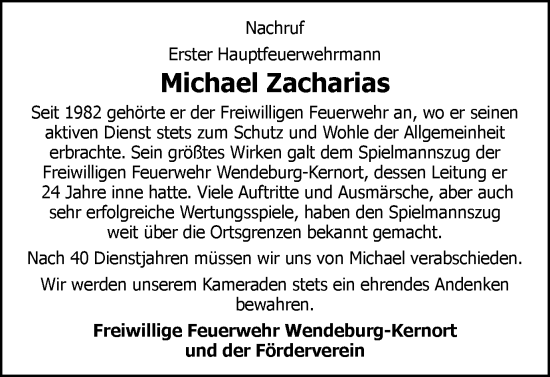 Traueranzeige von Michael Zacharias von Peiner Nachrichten