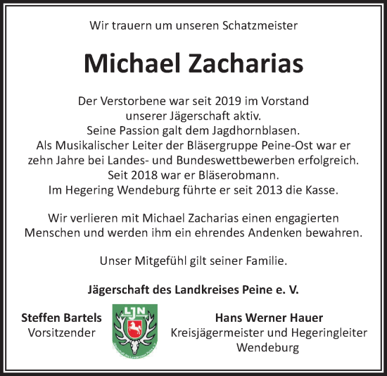 Traueranzeige von Michael Zacharias von Peiner Nachrichten