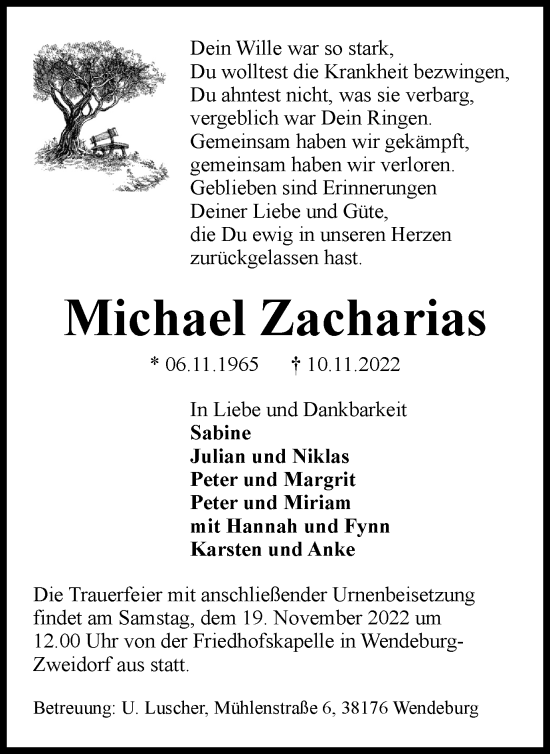 Traueranzeige von Michael Zacharias von Peiner Nachrichten