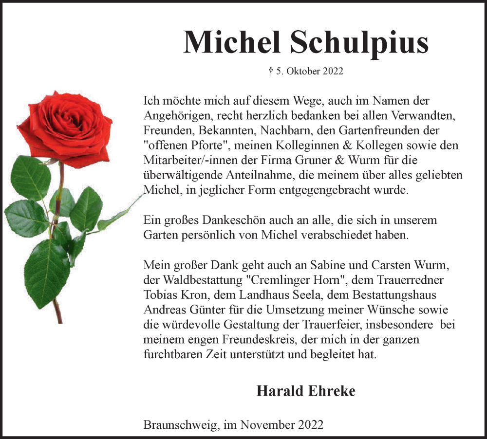  Traueranzeige für Michel Schulpius vom 26.11.2022 aus Braunschweiger Zeitung