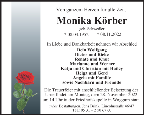 Traueranzeige von Monika Körber von Braunschweiger Zeitung