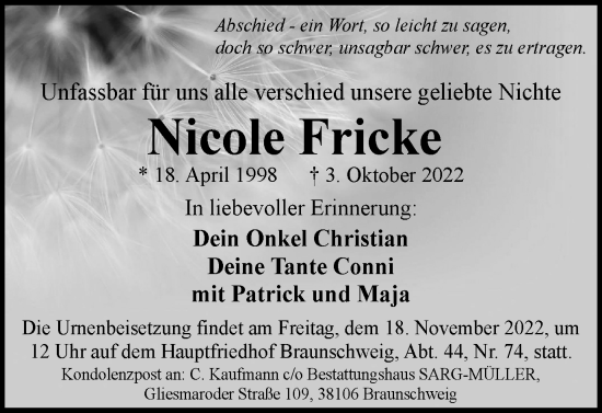 Traueranzeige von Nicole Fricke von Braunschweiger Zeitung