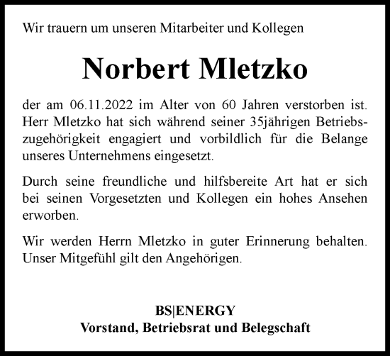Traueranzeige von Norbert Mletzko von Braunschweiger Zeitung