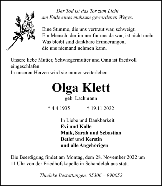 Traueranzeige von Olga Klett von Helmstedter Nachrichten, Wolfenbütteler Zeitung