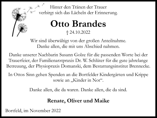 Traueranzeige von Otto Brandes von Peiner Nachrichten