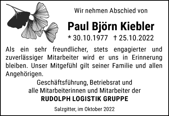 Traueranzeige von Paul Björn Kiebler von Salzgitter-Zeitung