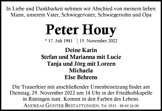 Traueranzeige von Peter Houy von Braunschweiger Zeitung