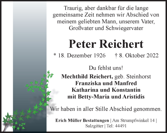 Traueranzeige von Peter Reichert von Salzgitter-Zeitung