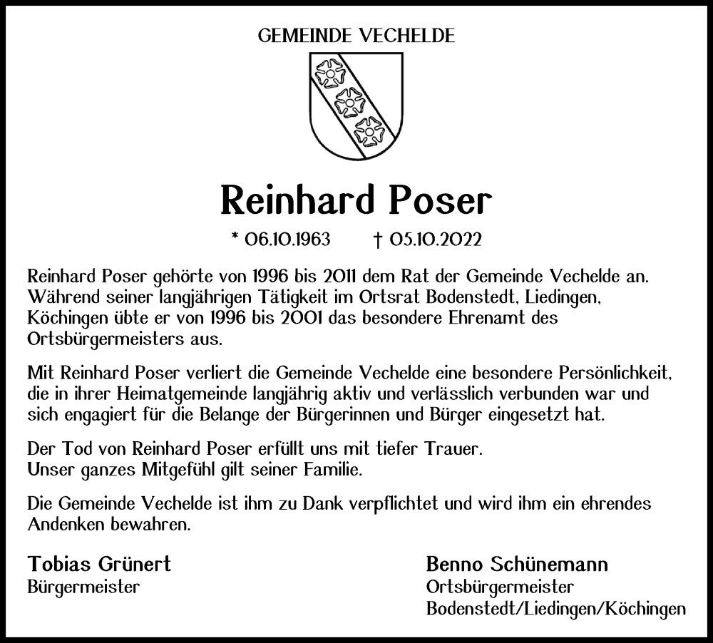  Traueranzeige für Reinhard Poser vom 26.11.2022 aus Peiner Nachrichten