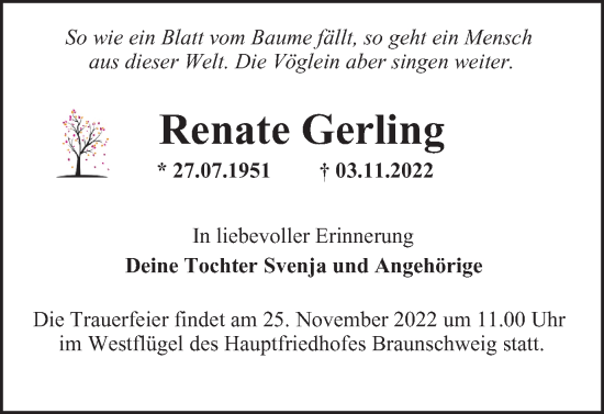 Traueranzeige von Renate Gerling von Braunschweiger Zeitung