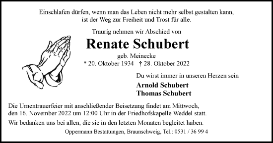 Traueranzeige von Renate Schubert von Braunschweiger Zeitung