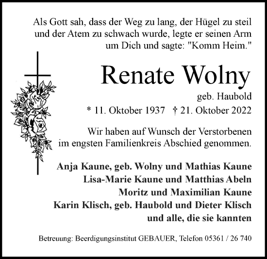 Traueranzeige von Renate Wolny von Wolfsburger Nachrichten