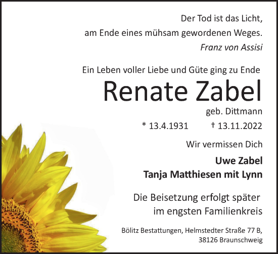 Traueranzeige von Renate Zabel von Braunschweiger Zeitung