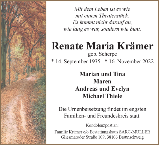 Traueranzeige von Renate Maria Krämer von Wolfsburger Nachrichten