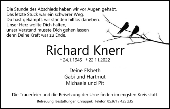 Traueranzeige von Richard Knerr von Wolfsburger Nachrichten