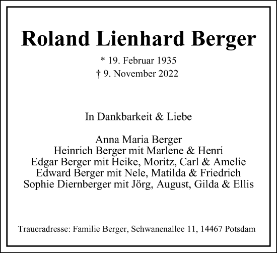 Traueranzeige von Roland Lienhard Berger von Wolfsburger Nachrichten