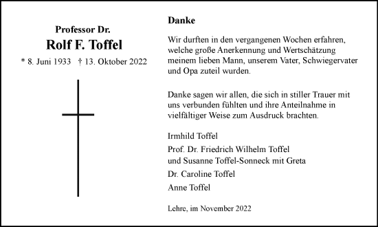 Traueranzeige von Rolf F. Toffel von Braunschweiger Zeitung