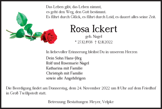 Traueranzeige von Rosa Ickert von Helmstedter Nachrichten