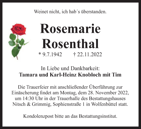 Traueranzeige von Rosemarie Rosenthal von Wolfenbütteler Zeitung