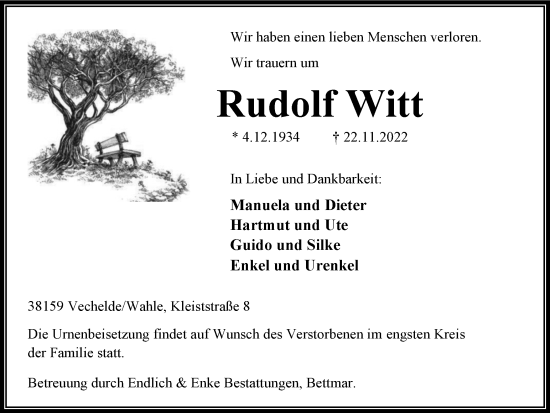 Traueranzeige von Rudolf Witt von Peiner Nachrichten