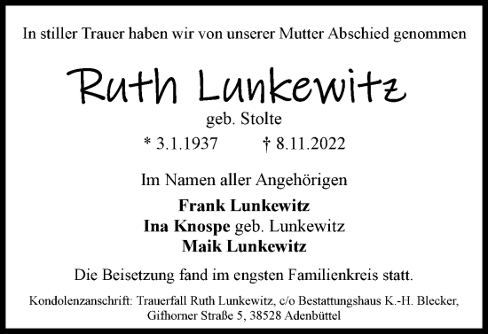 Traueranzeige von Ruth Lunkewitz von Braunschweiger Zeitung