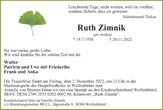 Traueranzeige von Ruth Zimnik von Salzgitter-Zeitung, Wolfenbütteler Zeitung
