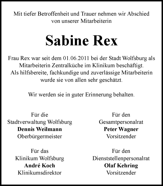 Traueranzeige von Sabine Rex von Wolfsburger Nachrichten