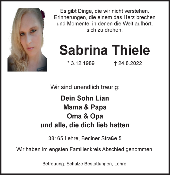 Traueranzeige von Sabrina Thiele von Braunschweiger Zeitung, Wolfsburger Nachrichten