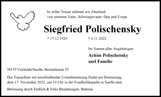 Traueranzeige von Siegfried Polischensky von Peiner Nachrichten