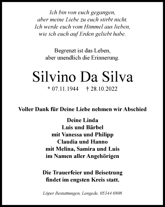 Traueranzeige von Silvino Da Silva von Peiner Nachrichten