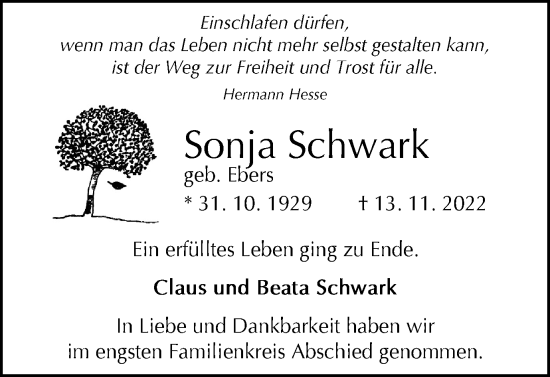 Traueranzeige von Sonja Schwark von Braunschweiger Zeitung