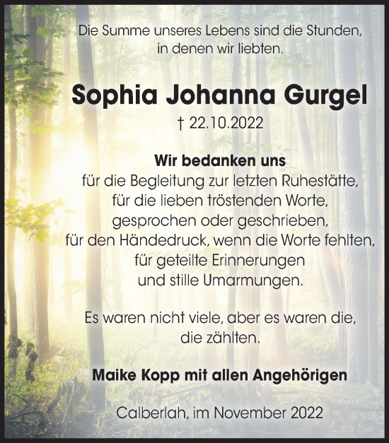 Traueranzeige von Sophia Johanna Gurgel von Wolfsburger Nachrichten