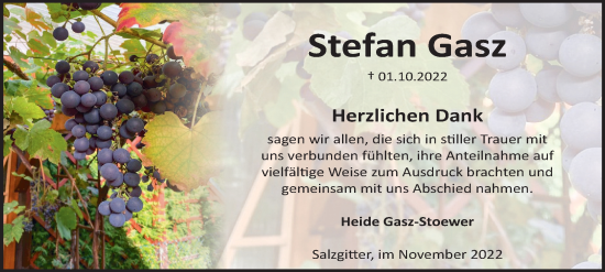 Traueranzeige von Stefan Gasz von Salzgitter-Zeitung