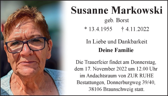 Traueranzeige von Susanne Markowski von Braunschweiger Zeitung