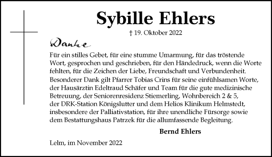 Traueranzeige von Sybille Ehlers von Helmstedter Nachrichten