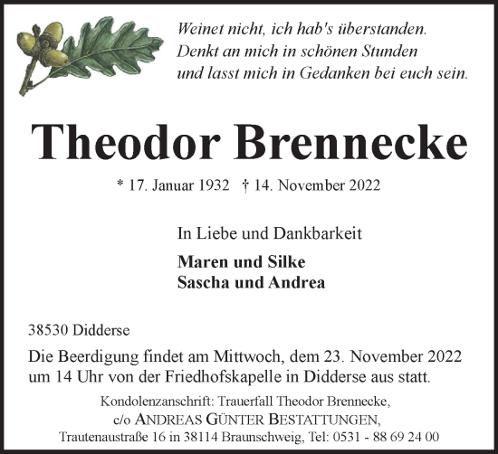 Traueranzeige von Theodor Brennecke von Braunschweiger Zeitung