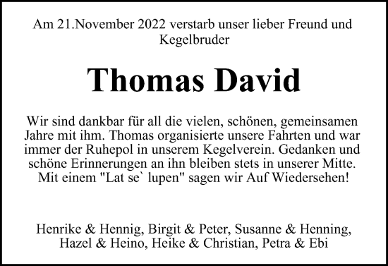 Traueranzeige von Thomas David von Peiner Nachrichten