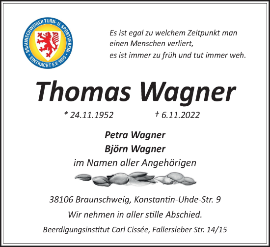 Traueranzeige von Thomas Wagner von Braunschweiger Zeitung